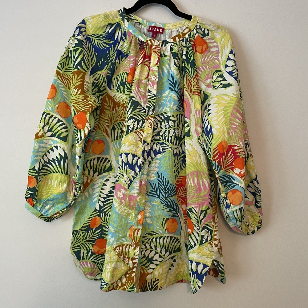 Staud Vincent Capri Tree Print Linen Top Size S Fruit Tropical Resort Coastal
